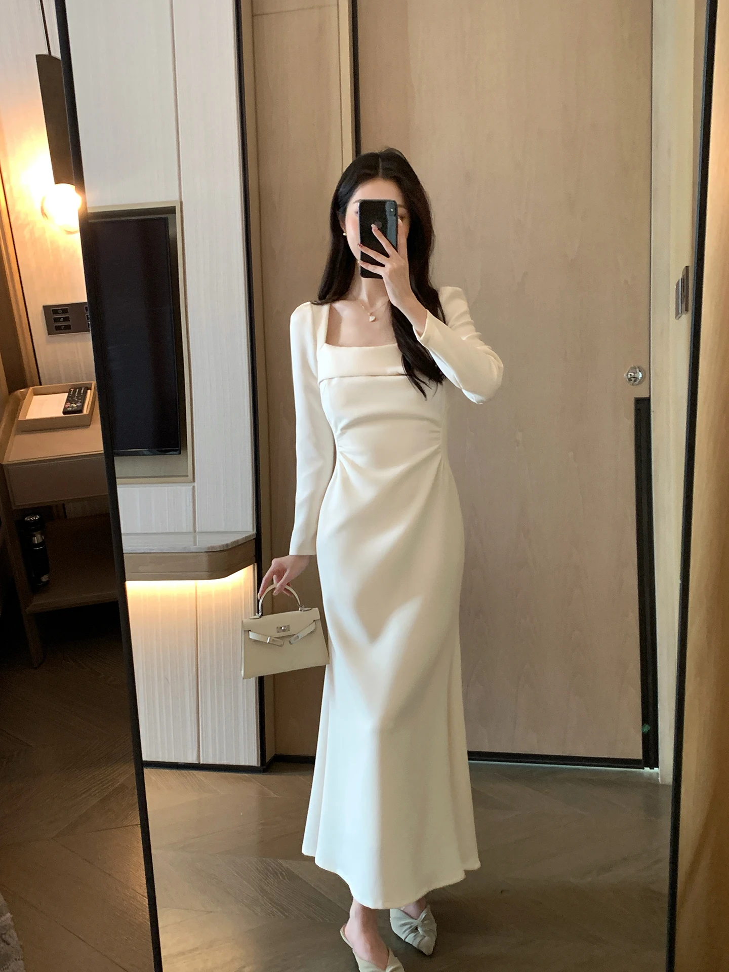 

Элегантное женское приталенное свадебное платье с квадратным вырезом Ele White, весенняя новинка, модель FT GUOGE, для офиса, с длинным рукавом, версия X