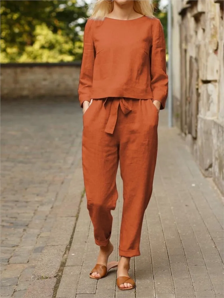 Casual Elegant Ladies 2 Piece Sets Fashion Spring Autumn Linen Women\'s Tracksuit Suit Long Sleeve Top Loose Pants Set Female