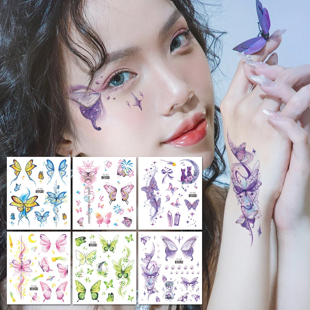 6Pcs Glitter Gradient Dreamy Butterfly Ocean Waterproof Temporary Tattoo Long-Lasting Waterproof Realistic Fake Tattoo