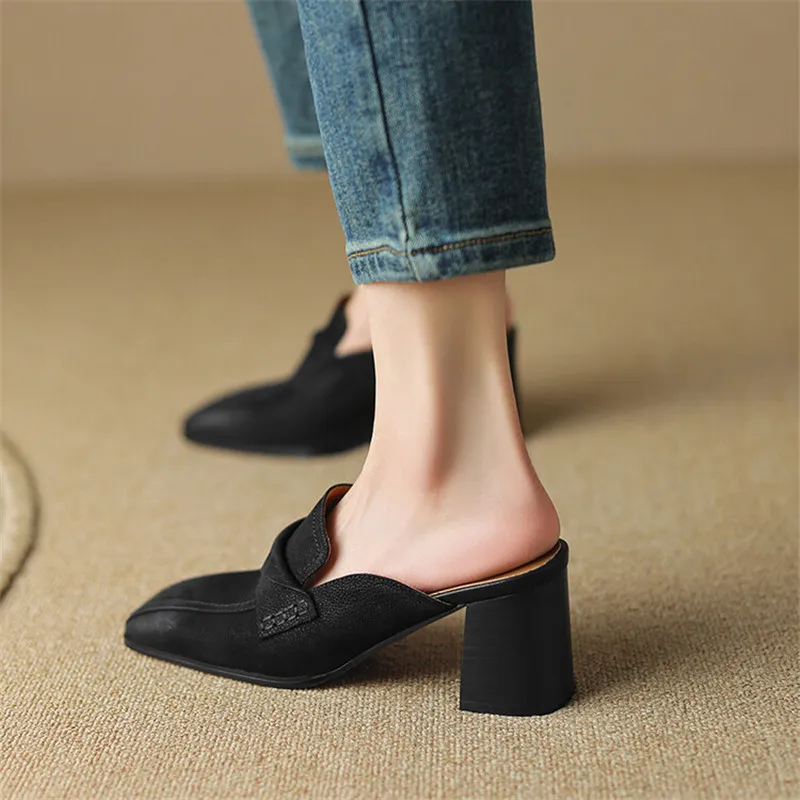 2023 Summer Women Shoes Genuine Leather Shoes Women Simple Retro Women Slippers Chunky Heel Shoes Square Toe Slippers Mules