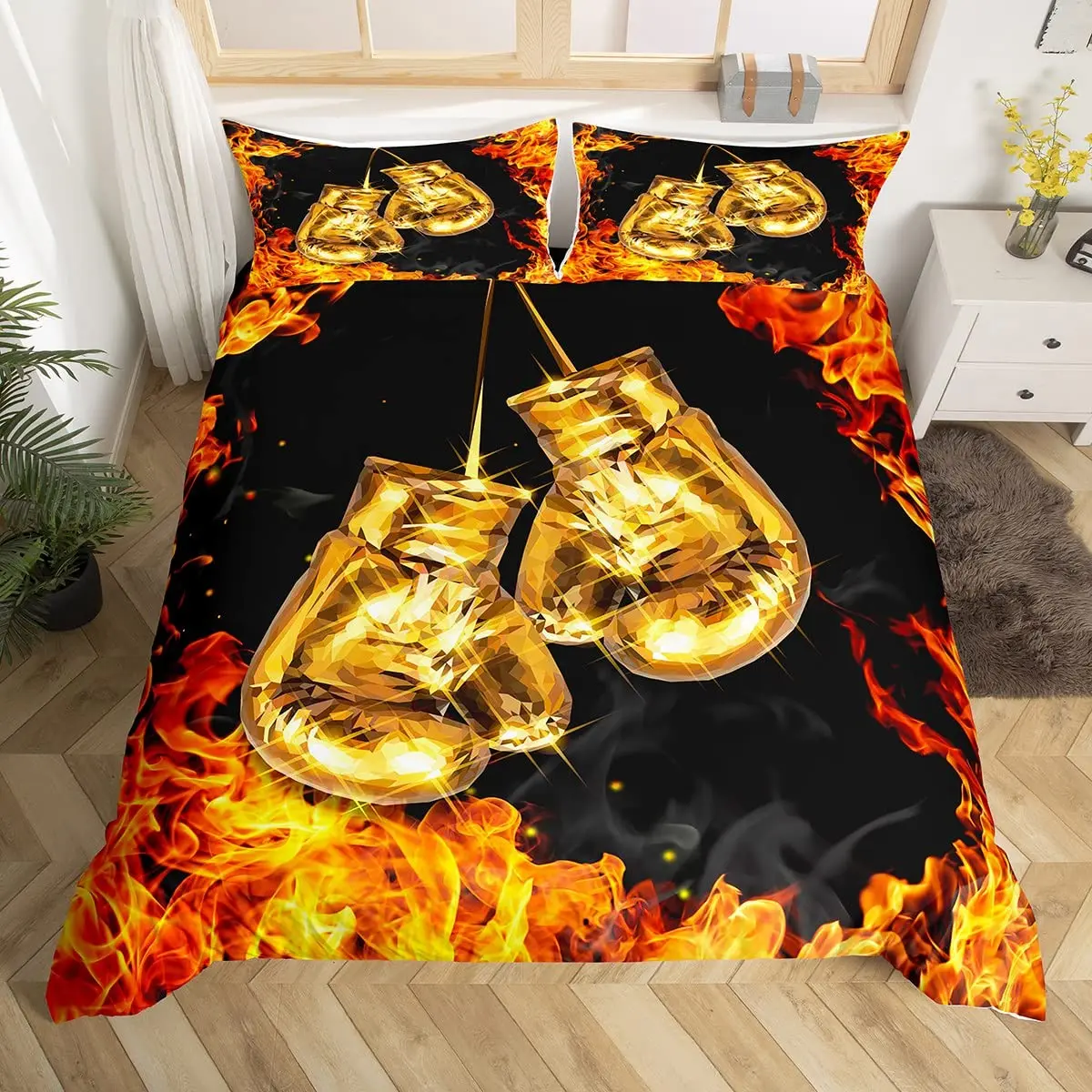 

Boxing Sport Duvet Cover King Queen Golden Boxing Gloves Bedding Set Yellow Fire Print Comforter Cover Microfiber Quilt Cover