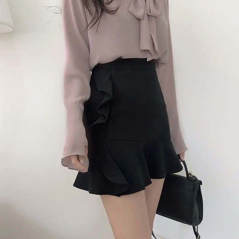 Women Mini Skirts Ruffle Wrap Hip A-line High Waist Design Slim Fit Summer Sexy Korean Style Office Lady Solid Faldas Mujer