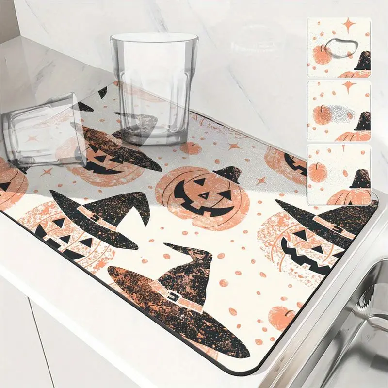 VIKAMA Retro Halloween Drip Mat Absorbent Non Slip Coffee Maker Mat Pumpkin Witch Hat Star Print Kitchen Home Kitchen Decor