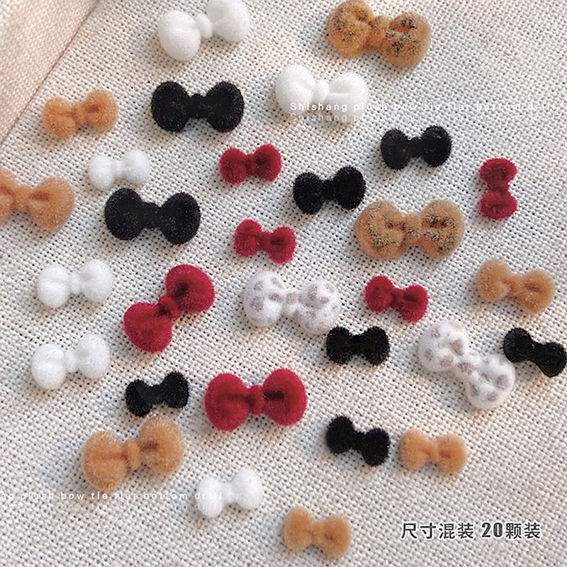 20PCS 3D fluffy Flocking Nail Art Bow Tie Charms Bowknot Accessories Parts For Winter Nail Decoration Design Supplies Material