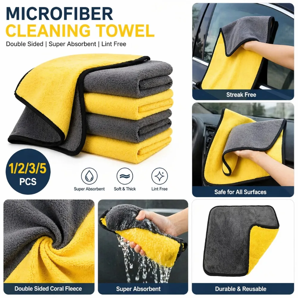

1/2/3/5 Pcs Microfiber Cleaning Towels Soft Double Layer Quick Dry Cloth for Car Window Mirror Kitchen Wiping Rag