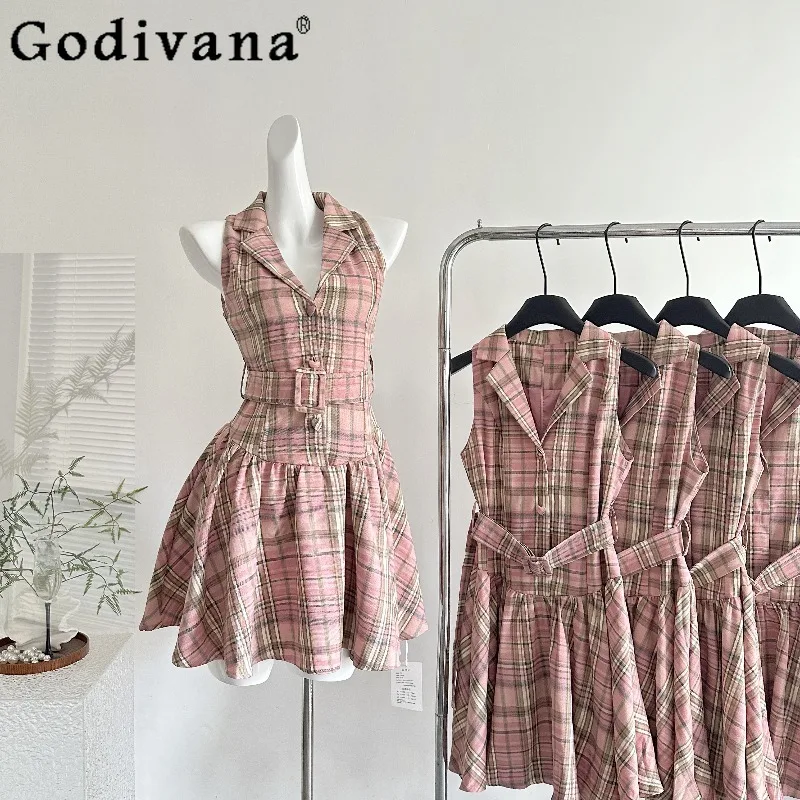 

Women Heart-shaped Button Suit Dress Korean Vintage High Street Pink Plaid Dress Girls Summer Lapel Casual Design Mini Dress