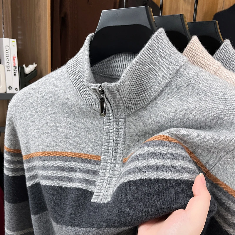 Real Cashmere Wool Clothes for Men 2025 Autumn Winter Trendy Striped Warm Sweater Long Sleeve Male Sheep Wool Zipper Jumpers