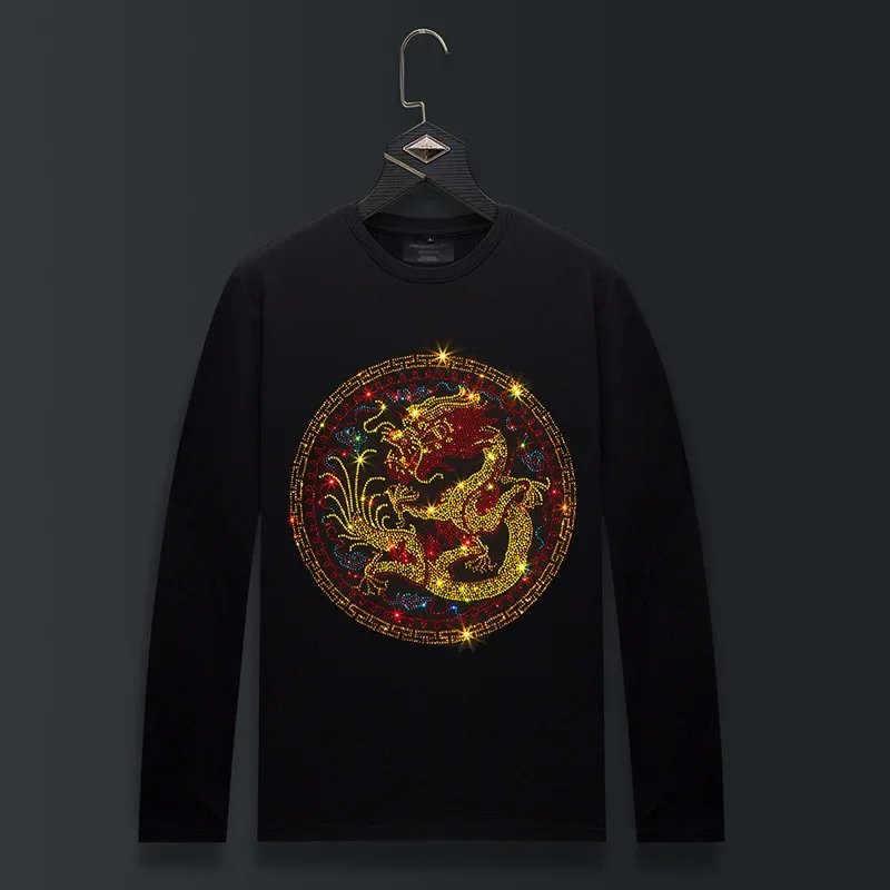 Plus Size O Neck Long Sleeve T Shirts Men Fashion Streetwear Chinese Dragon Rhinestones Modal Cotton Slim Tshirts Mens Clothing