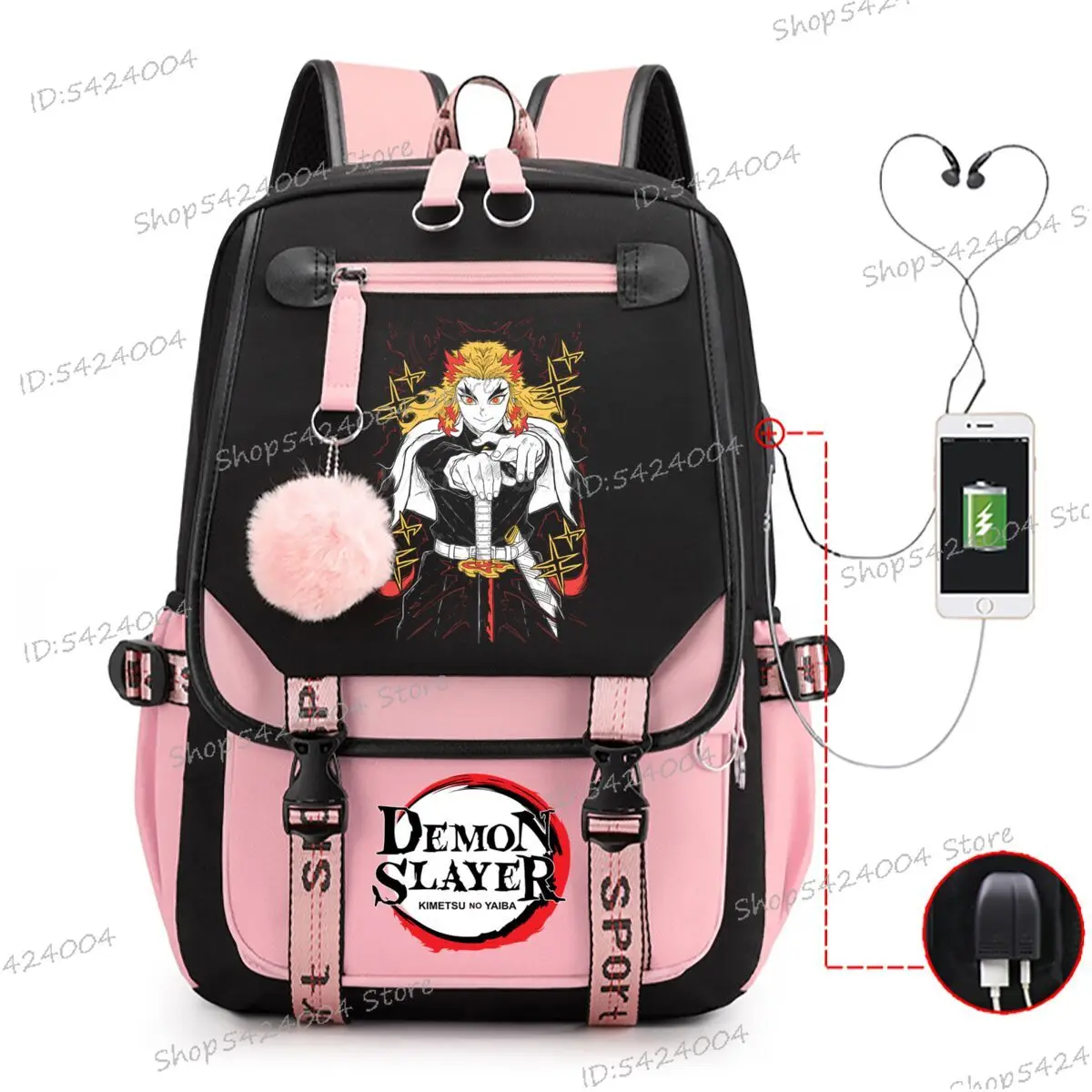 Harajuku Rengoku Kyoujurou Zaino scolastico anime per adolescenti Demon Slayer Bookbag Porta USB Studente Viaggio Comic Bagpack
