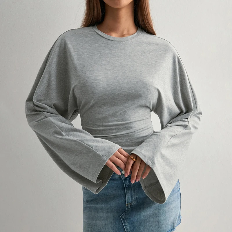 CUTENOVA المرأة بلون جولة الرقبة الجبهة الكتف واسعة طويلة الأكمام Cinched الخصر سليم الأعلى اليومية عارضة بسيطة تنوعا قمم