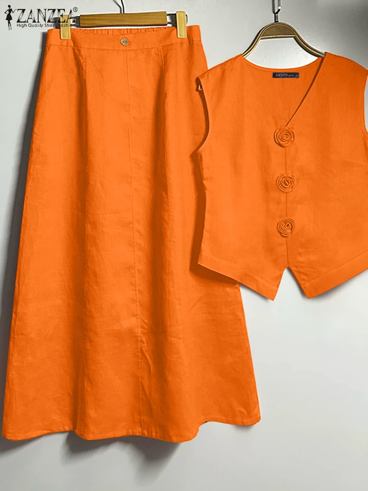 ZANZEA ชุดเดรสวินเทจชุดผู้หญิงเสื้อแขนกุด A-Line กระโปรงยาวชุด 2025 Elegant ชุดจับคู่ฤดูร้อนสบายๆชุด