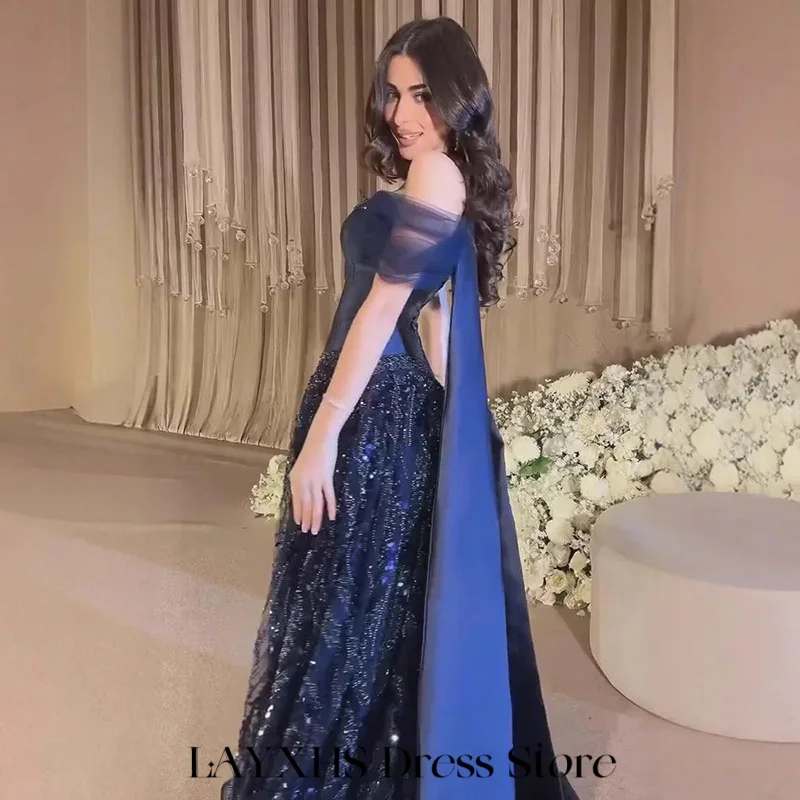 فساتين سهرة عصرية باللون الأزرق الداكن من LAYXHS مكشوفة الكتف على شكل حرف a مزينة بالخرز فساتين حفلات رسمية مخصصة من Fساتين سهلة