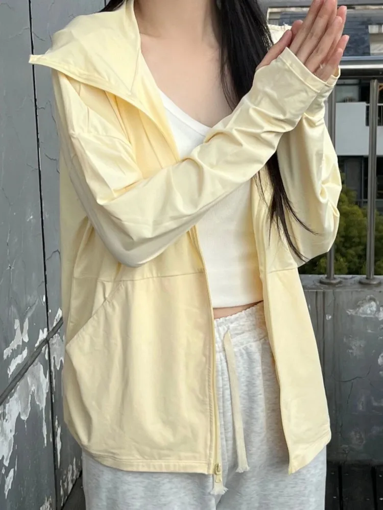Summer Sun-proof Jackets Women Korean Fashion Hooded Thin Breathable Casual Solid All-match Chic Long Sleeve High Street Zipper