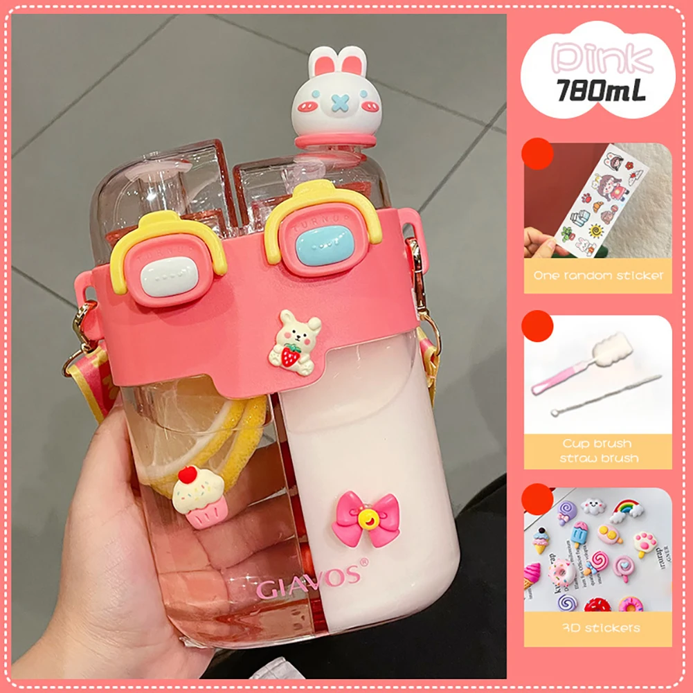 780ml Kids Water Bottle With Straw Split Compartment Double Drinking Cup for School/Home Cartoon Leak Proof Mug Portable Cup