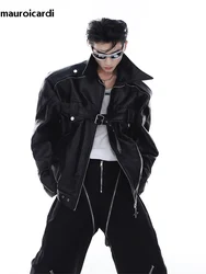 Mauroicardi Spring Autumn Cool Stylish Oversized White Black Faux Leather Jacket Men Zip Up Luxury Designer Emo Clothes 2023