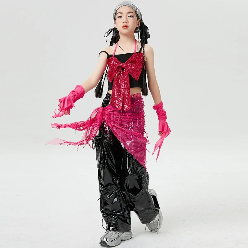 

2025 Children Hip Hop Dance Costumes For Girls Rose Red Sequin Bow Top Black Leather Pants Outfits Jazz Stage Clothing DQS19285