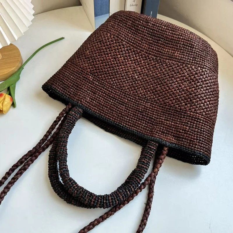 Handgewebte Raffia-Stroh Strandtasche, Leichte Vielseitige Sommer-Umhängetasche für Pendeln und Reisen, Einfarbige Tragetasche – Detail 1