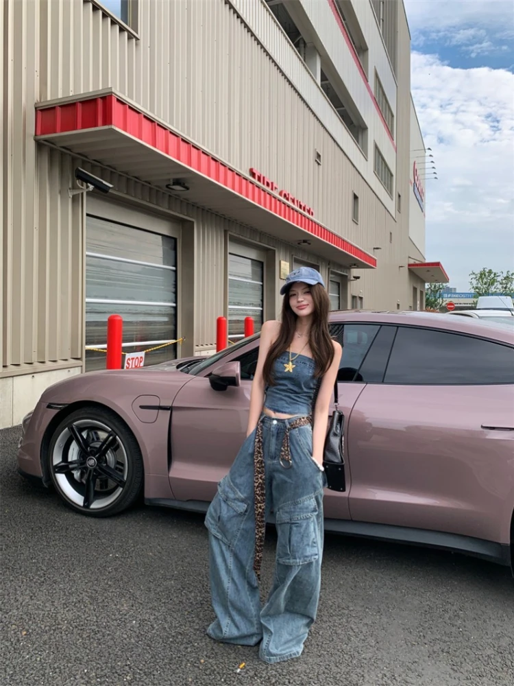 

American style retro pleated stylish slimming strapless top loose multiple pockets jeans women's summer street two-piece set