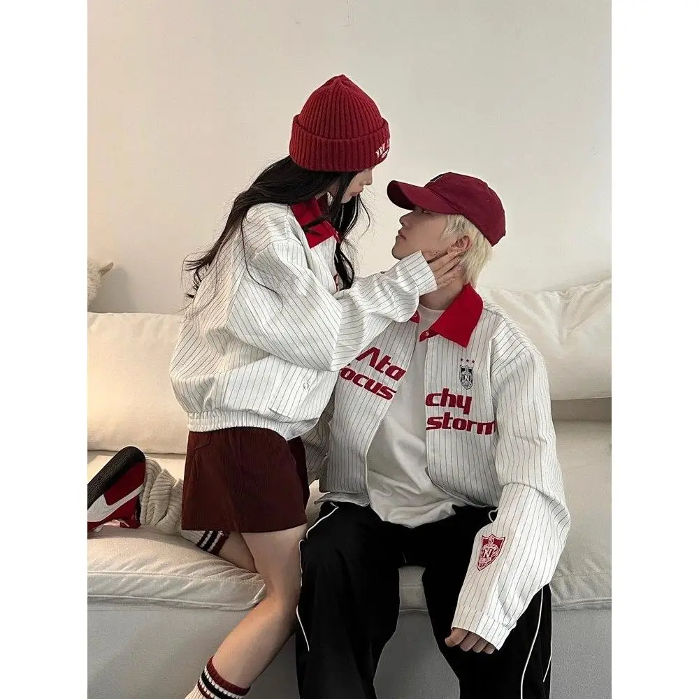 

Ретро-американский полосатый бейсбольный жакет свободного кроя с отложным воротником, весенне-осенняя верхняя одежда для пар и молодежи