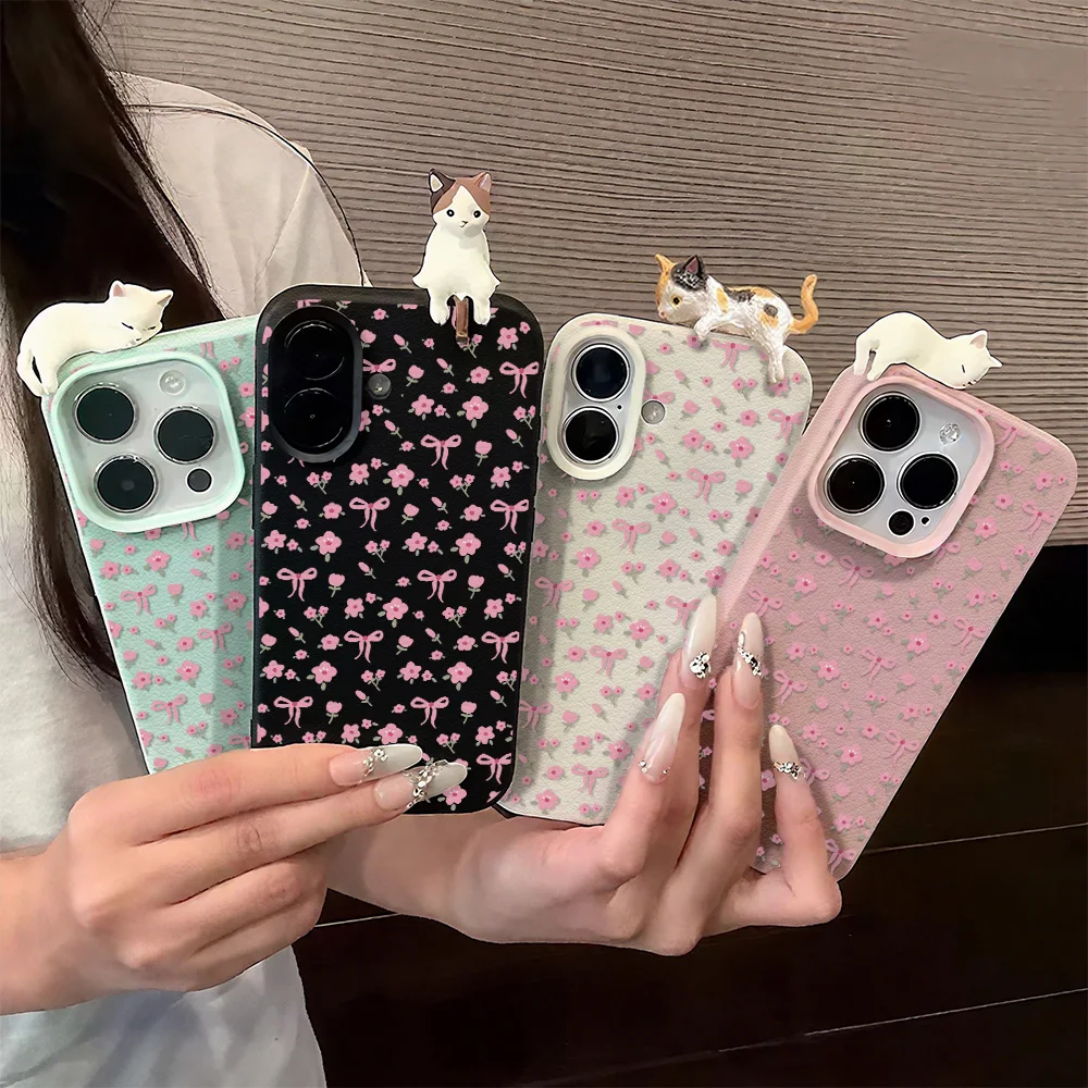 Rosa Blume mit 3D süßer Katze Ledertasche für iPhone 17 11 16 15 Pro Max Air Cover iPhone 12 13 14 Pro Max 16 Plus Funda Cover