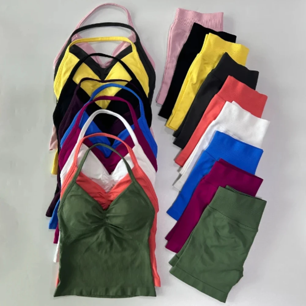 

2Pcs Gym Set Women Backless Tank Tops High Waist Scrunch Seamless Shorts Gym Suit Fitness Clothes Activewear Workout Sets