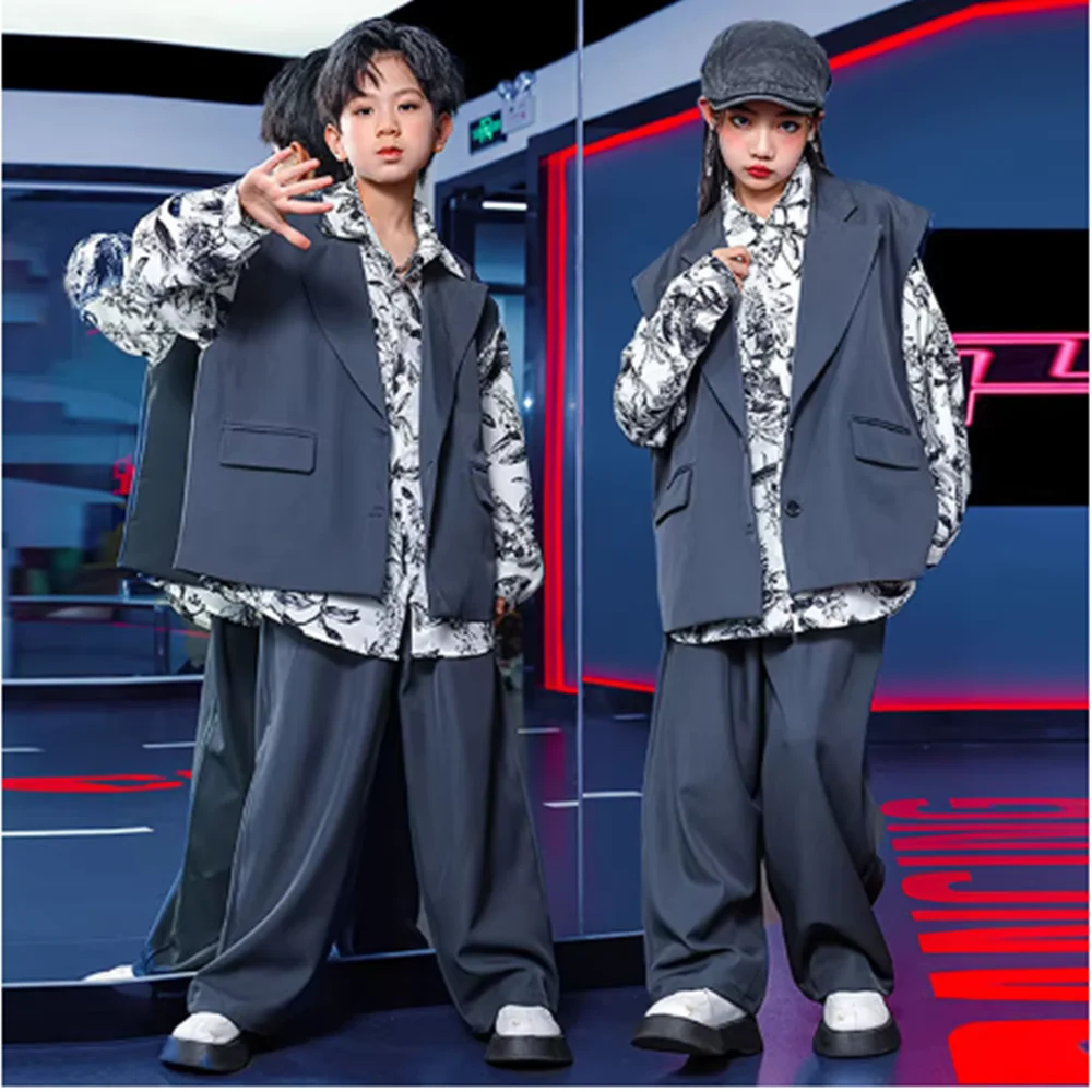 Boys Girls Jazz Dance Kpop Stage Outfit Kid Street Dance Clothing Hip Hop Oversize Shirt Grey Sleeveless Suit Shuffle Pants  YJ7