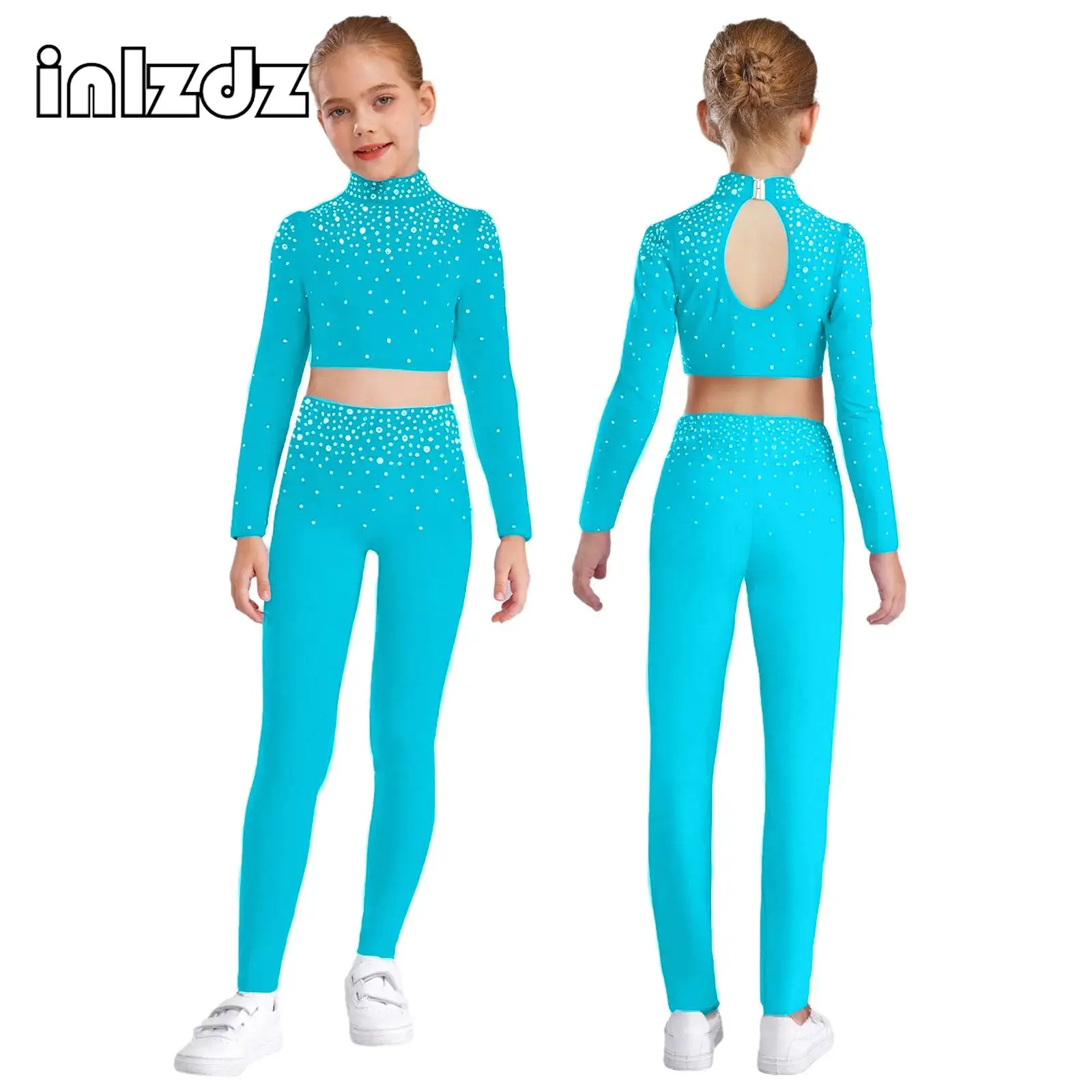 

Sparkling Rhinestones Jazz Dance Outfit for Girls Kids Long Sleeve Crop Top with Pants Suit Children Stage Performance Costumes