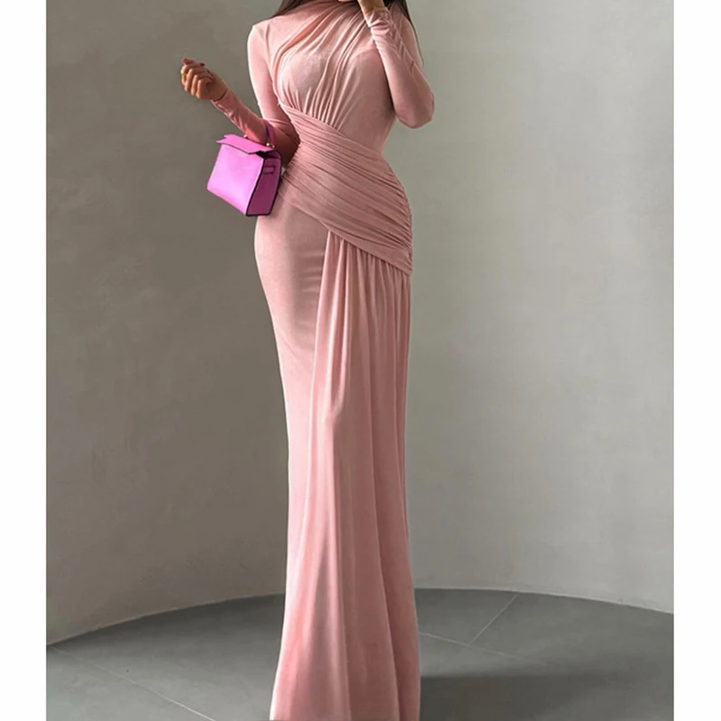 エレガントなマキシ丈ワンピース レディース プリーツ 長袖 Oネック イレギュラー スリム ヒップラップワンピース 2025年秋新作 シックなレディース プロムガウン