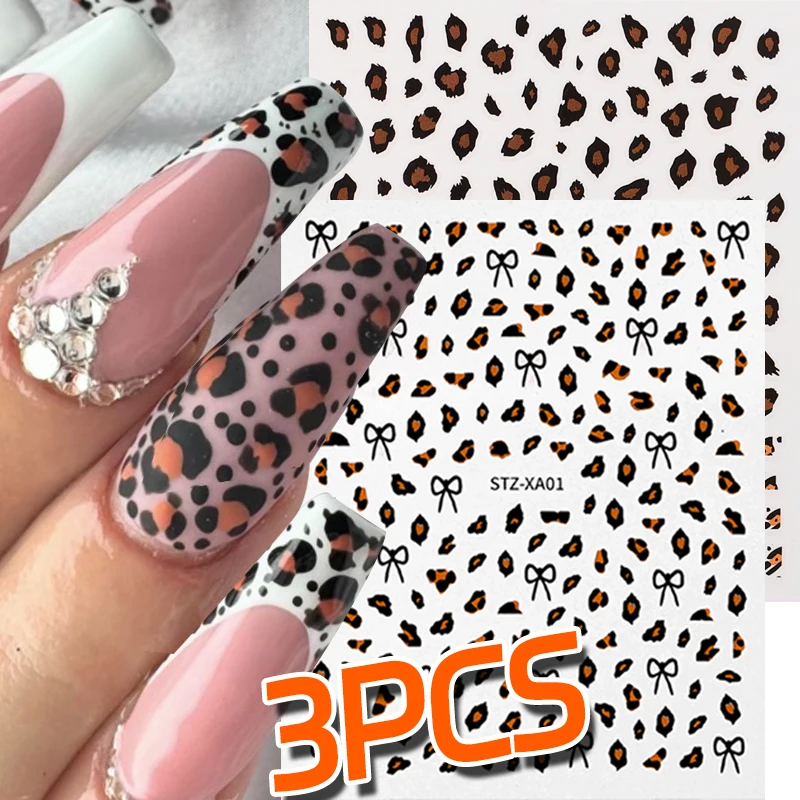 Brown Leopard Print Nail Stickers Decals 3D Leopard Bowknot Water Transfer Nail Stickers Autumn Winter Manicure Adhesive Decor