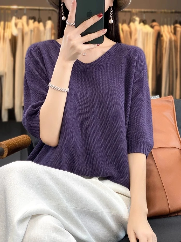 เสื้อยืดผ้าฝ้ายถักบางเบาสำหรับฤดูใบไม้ผลิและฤดูร้อน คอวี ผ้าฝ้ายผสมลินิน ทรงหลวม ไซส์ใหญ่ สำหรับผู้หญิง ชิงเต่า 24