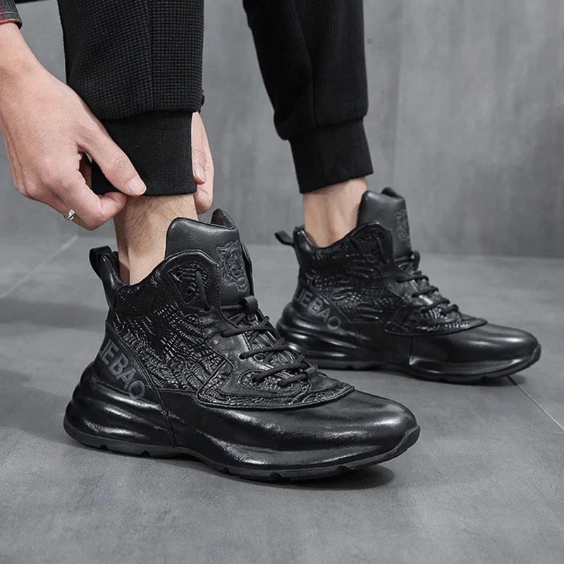 Autumn Winter Korean Style Men Full Grain Leather Ankle Short Boots Male High-top Casual Genuine Leather Sneakers Shoes