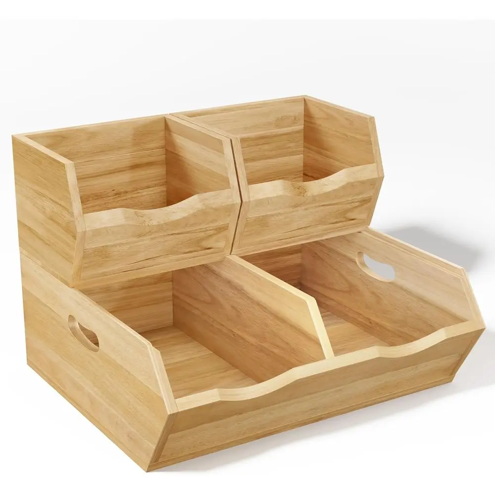 

Stackable Wooden Pantry Organizers with Natural Grain, Rustic Baskets for Potatoes, Onions, Set of 3