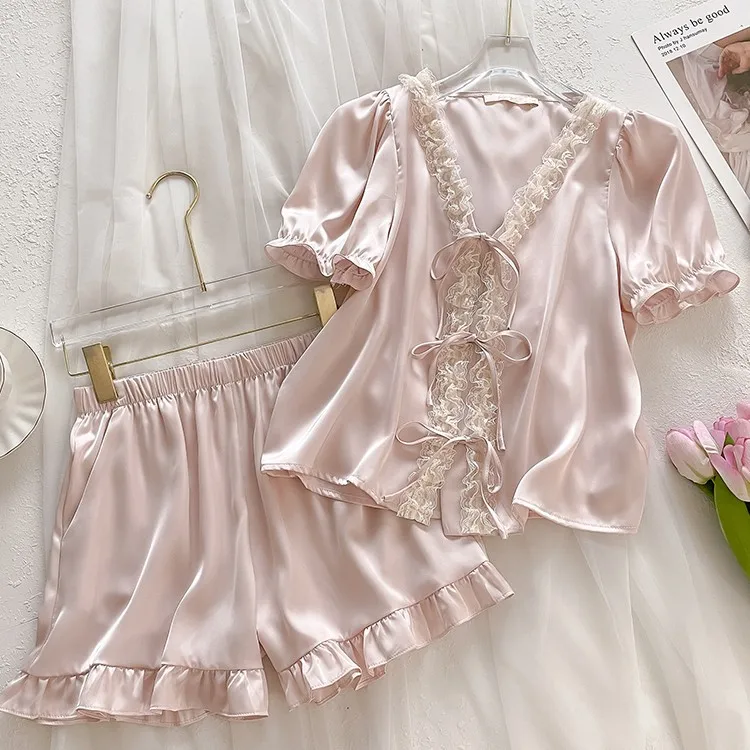 Sweet Princess Style Silk Pajamas for Women Solid Color Short Sleeved Shorts Mulberry Silk Home Wear Set Summer Thin Style XL