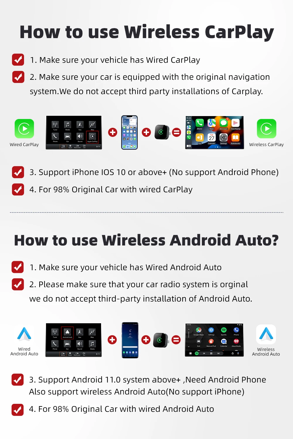 ดองเกิล Xiaomi Wireless CarPlay อะแดปเตอร์ Wireless Android Auto 2in1 ระบบอัจฉริยะในรถยนต์ AI Smart Box สำหรับรถยนต์ที่มีระบบ CarPlay แบบใช้สาย