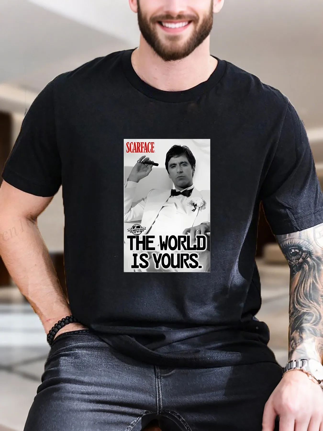 Nowa Kolekcja Męska Koszulka z Krótkim Rękawem z Nadrukiem, Design Okładki Magazynu Vintage z Smokingiem i Cygarą, 100% Bawełna, Oddychająca Tkanina