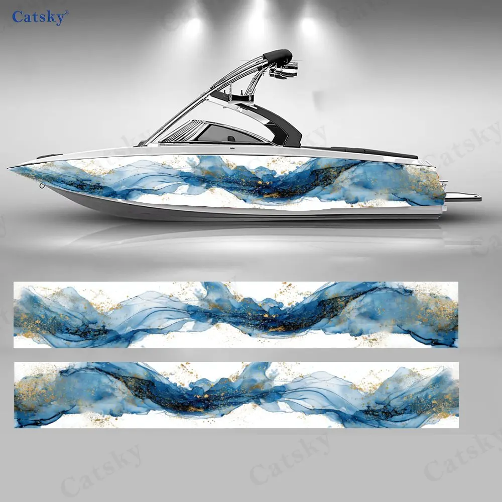 Luxury Gold Foil Blue Fluid Boat Sticker, PVC Waterproof Durable Vinyl Wrap Decals for Fishing Boats, Durable and Stylish Design