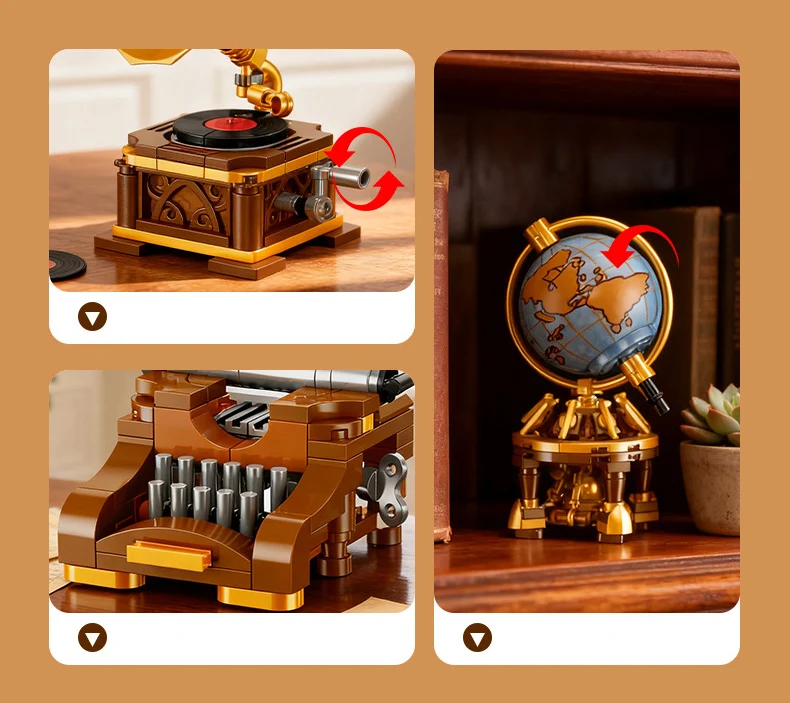 Retro-Deko-Bausteine: Fernseher, Schreibmaschine, Sofa, Globus, Grammophon, Pendeluhr – Modellbausteine für Kinder als Geschenke – Detail 7