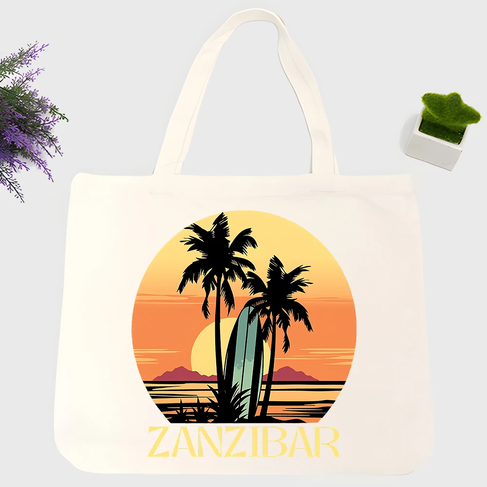 Men's tropical sunset and palm tree print canvas tote bag, retro style for beach outings and summer shopping