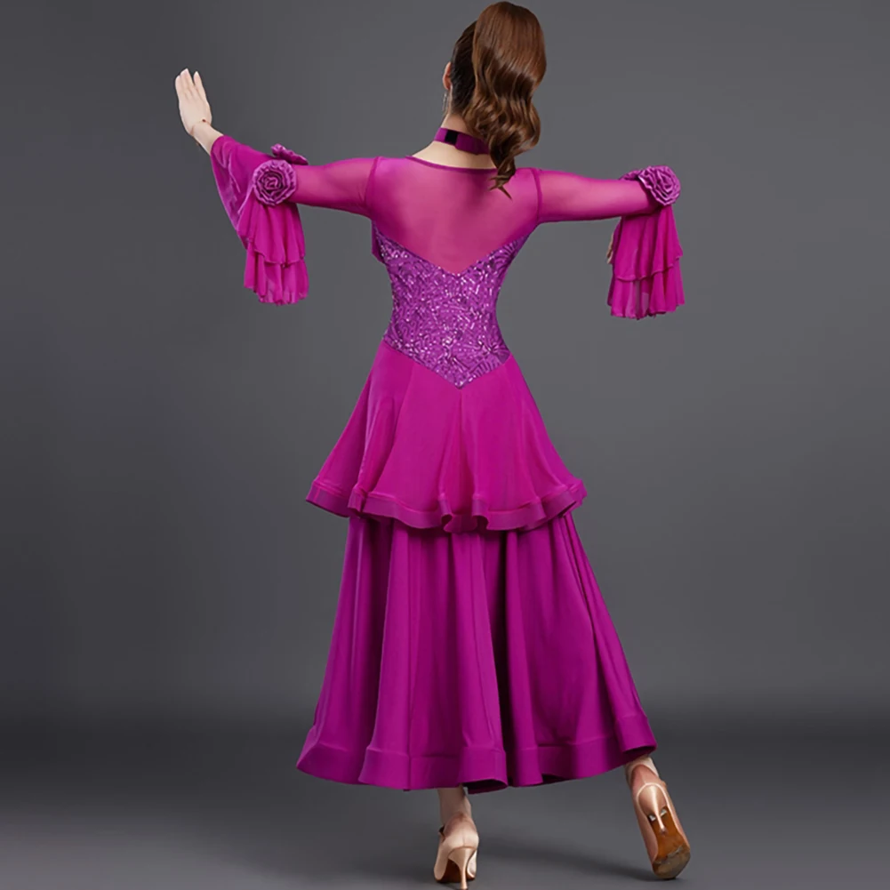 フクシア標準ダンス衣装競技ホーンスリーブ高品質社交選手権ステージ衣装レッドワルツ