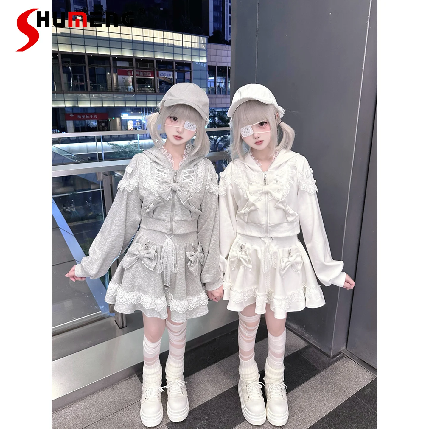 

Японский стиль Mines, милые комплекты спортивной одежды для девочек, кружевные короткие толстовки с капюшоном, юбки трапециевидной формы с высокой талией и бантом, женский комплект из двух предметов