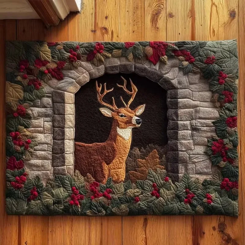 Vintage 3D Stag Doormat Stone Window Holly Leaves Berries Art Print Decor Rug for Christmas Home Entrance Decor