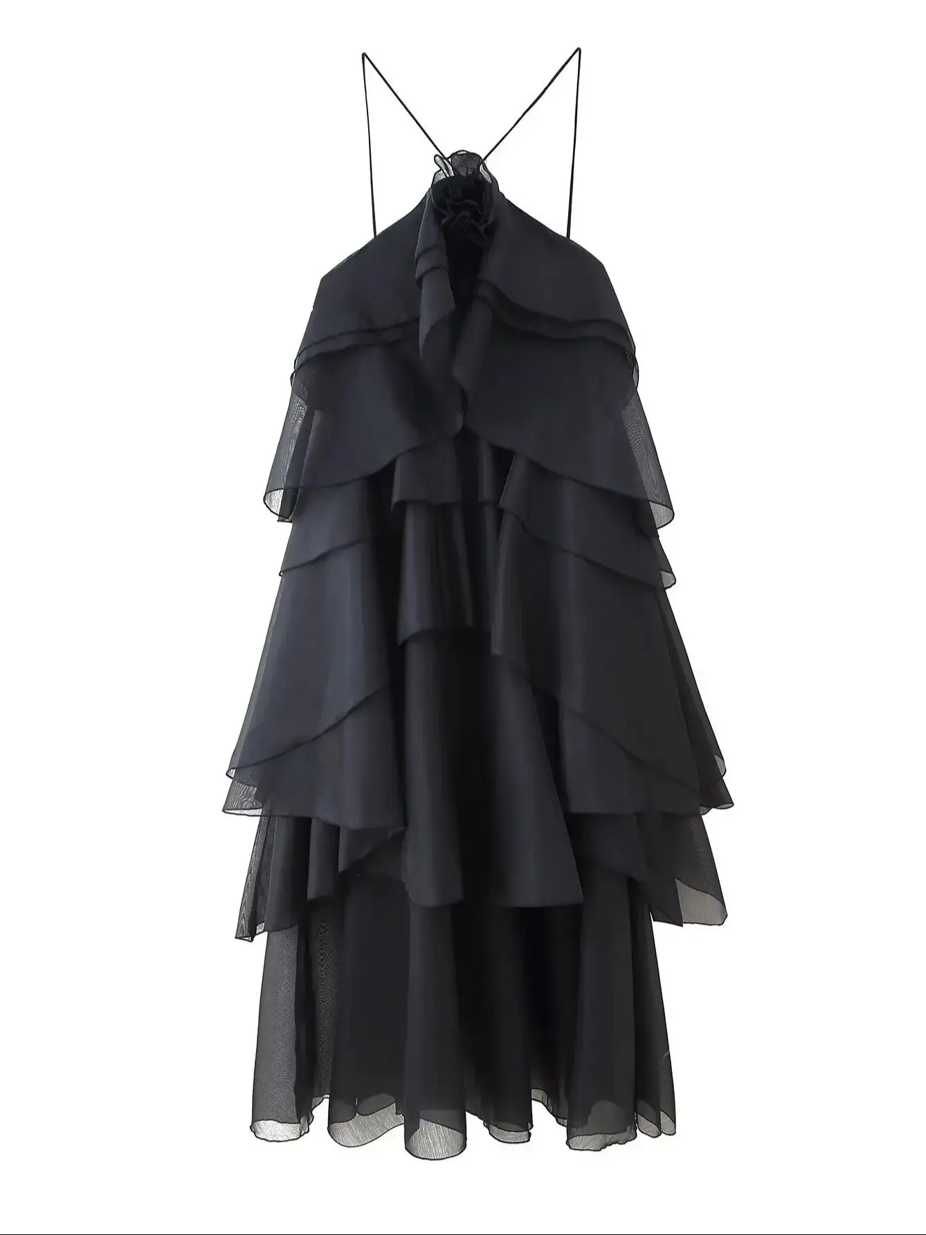 2025 feminino elegante flor 3d em cascata babados halter midi vestidos menina doce sem mangas camisola em camadas roupões longos