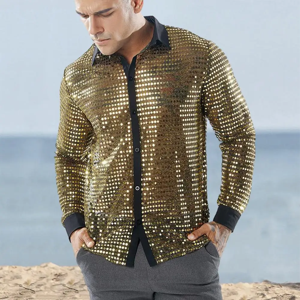 Men Shirt Sequin Shirt Vintage 70s Men's Sequin Lapel Disco Shirt Shiny Slim Fit Performance Attire for Club Parties with Long