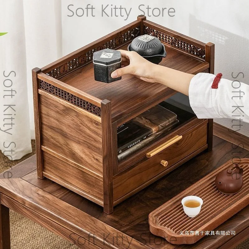 Cabinet Double Dustproof Desktop Storage Drawer Solid Wood Black Walnut Bogu Rack North American New Chinese