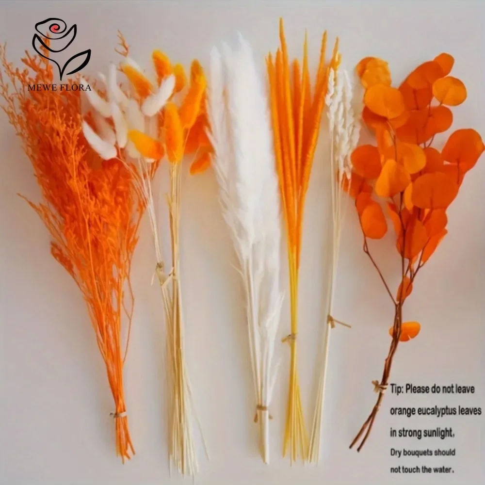 55pcs Natural Dried Flowers Bouquet Boho Country Home Vase Decor Orange Pampas Bunny Tail Grass Party Living Room Arrangements