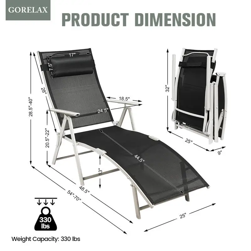 Adjustable Outdoor Folding Chaise Lounge Chair, 7 Position Recliner With Cushion And Pillow, Sturdy Steel Frame For Patio Poolside Balcony Camping, Adult Relaxation Furniture, Black