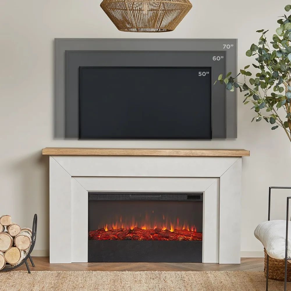 68" Landscape Electric Fireplace with Mantel for Living Room, Replaceable Fireplace Insert Heater, Realistic Log, Fire Pit