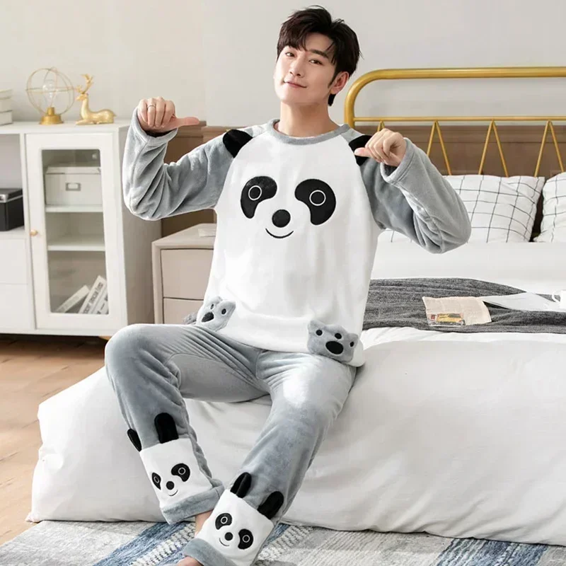 2023 Winter Long Sleeve Thick Warm Flannel Pajama Sets for Men Coral Velvet Cute Cartoon Sleepwear Suit Pyjamas Homewear Clothes