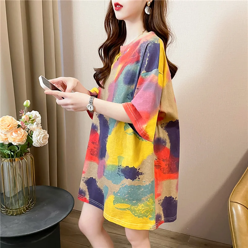 Loose Korean Style Women's T-Shirt Short Sleeve Tie Dye Mid-Length Cover Butt Spring Fashion Casual round Neck Top