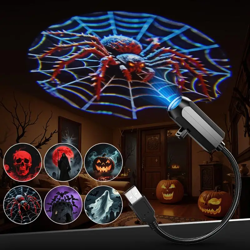 USB Halloween Pattern Projector Light Rotatable 6 Effects LED Atmosphere Lamp for Home Yard Halloween Party Decor